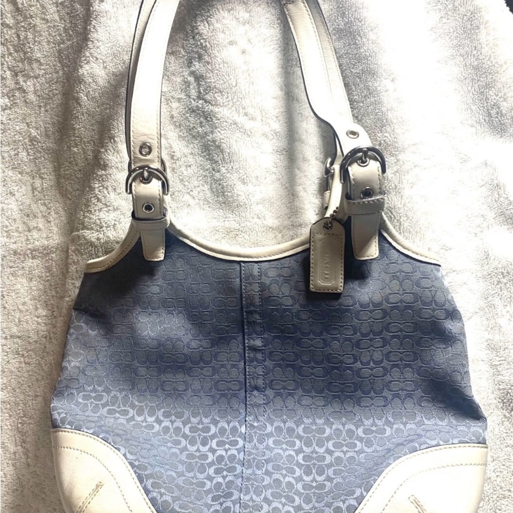 Coach Blue and White Shoulder Bag with Signature Pattern